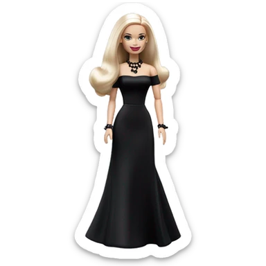  Elegant witch Wednesday Addams Barbie.  Small light skin face. Earrings with matching necklaces Long silky hair. black flowing strapless tight evening gown neckline that’s off-the-shoulders shows her legs and black high heel shoes. sticker