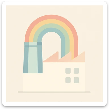a minimal rainbow factory with simple shapes and pastel rainbow arcs, clean and modern sticker