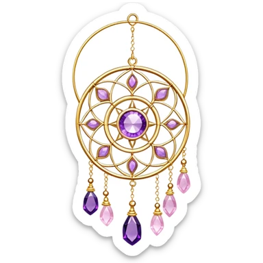 Epic Hanging gold suncatcher, threads with shiny sparkly amethyst and rose-quartz gemstones,  sticker