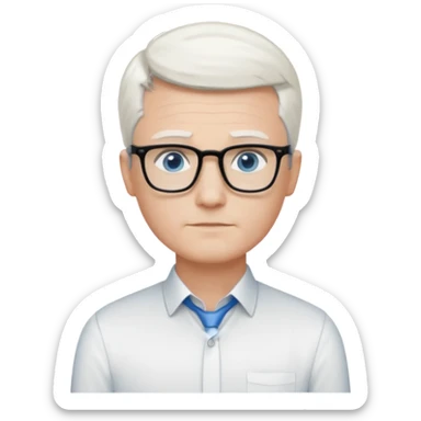 Thin white man, short white hair, black thin square glasses, white dress shirt, blue eyes, ceo - no tie - arms folded- stood right sticker