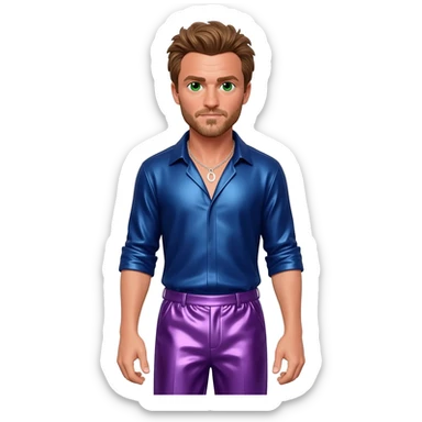 Jeremy Renner with green eyes, sandy brown hair, indigo metallic shirt, purple metallic baggy pants, silver necklace sticker