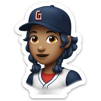Black long hair girl wearing navy ballcap emblazoned with a red G initial and wearing baseball uniform sticker