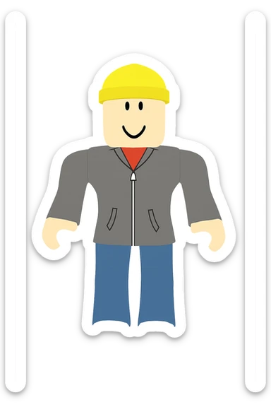 Extract only the character in a gray jacket and yellow beanie (fourth from left) from the image, place it on a transparent background, and keep the original Roblox style and appearance. sticker