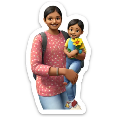 child carrying flower with smile sticker
