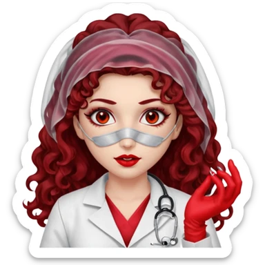 Lilith scalpel in hand, evil surgeon outfit.  She has red eyes. She has dark brown curly hair. Hair is long . Wears sexy doctor outfit with red gloves. Covers nose, neck and mouth with Muslims  sticker