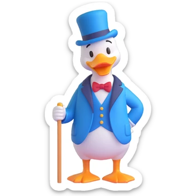 Dagobert Duck emoji, standing with cane, wearing blue coat and top hat, looking proud sticker