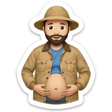 Bearded man rubbing pregnant belly poking out of shirt wearing a tan canvas carhartt jacket with a stereotypical large chinese hat on and buck teeth sticker