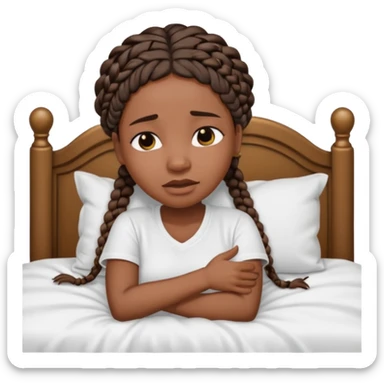 Black woman with braids in a big king size bed on one side by herself crying sticker