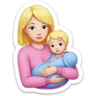 Mother with yellow hair and pink clothes, holding baby in blue clothes sticker