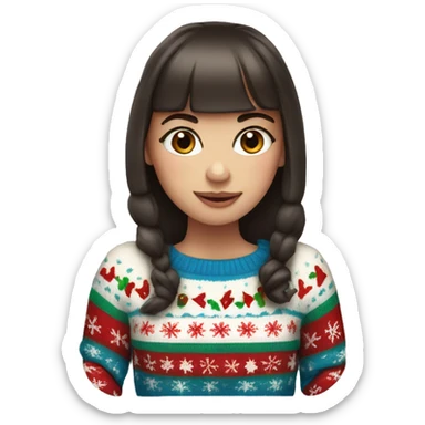 A girl with bangs of dark brown hair and blue eyes in a Christmas sweater sticker