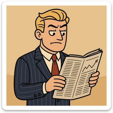 a trader character, classic Wall Street look, pinstripe suit, holding a newspaper sticker