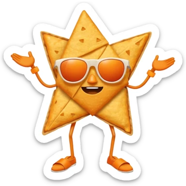 A dorito chip, with legs, arms, and a face. It can be seen wearing sunglasses sticker