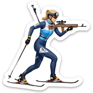 An icon featuring snow-covered trees, distant mountains, and a clear blue sky with a biathlete in motion, holding a rifle and skiing across a snowy course. Transparent background highlights the precision, endurance, and excitement of biathlon. sticker
