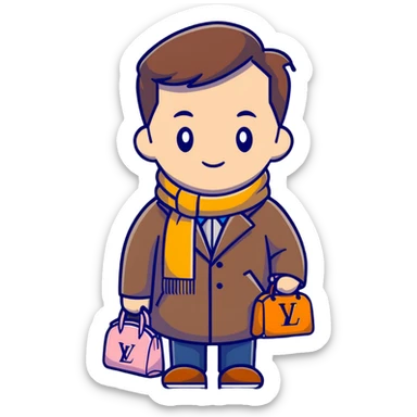 elegant man wearing Louis Vuitton coat and scarf with the iconic LV monogram sticker