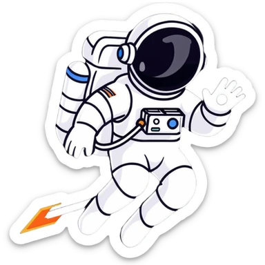 Stylized futuristic astronaut in mid-flight pose, heroic silhouette, dynamic diagonal motion lines sticker