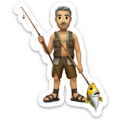 real cool stoic looking man holding a fishing rod in his hand wearing custom made leather sandals on his feet sticker