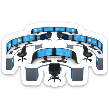 Cinematic mission control center, massive curved video walls with complex telemetry and glowing data visualizations, symmetrical high-tech workstations, dim blue and amber ambient lighting, sharp focus, hyper-realistic, atmosphere of absolute precision. sticker