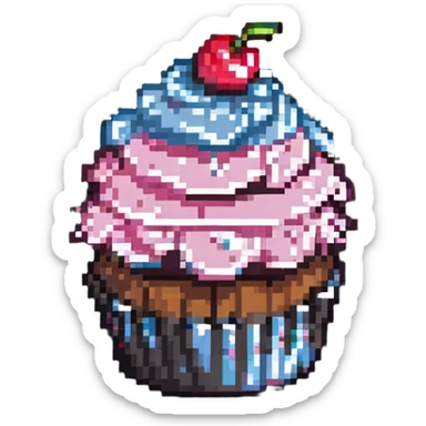 pixel art cupcake with pink icing and a cherry on top sticker