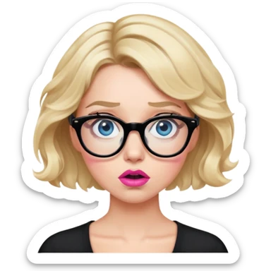 Blonde woman with short wavy hair, blue eyes and pink lips wearing black glasses looking very shocked sticker