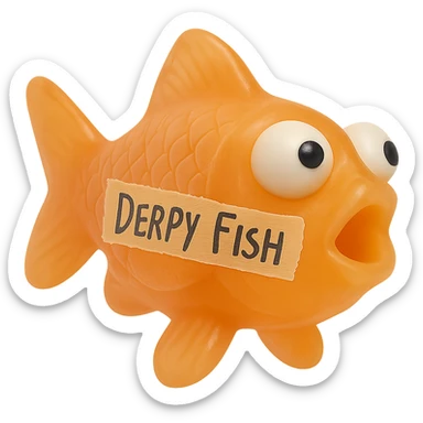 Add a piece of realistic masking tape stuck on the bright orange fish with the words 'Derpy Fish' written on it. The fish should have a somewhat transparent, retro 90's toy look with derpy eyes, soft plastic appearance, soft reflections, soft and squishy texture, some cloudiness, not shiny, highly detailed and appealing. The masking tape should look clearly stuck to the fish's body. No background. sticker