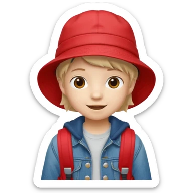 A little student with red bucket hat, jean jacket, backpack sticker