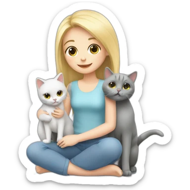 cute blonde girl taking care of 2 grey cats sticker