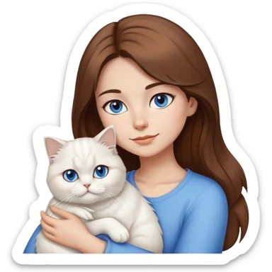 girl with brown hair & brown eyes cuddling a white persian cat that has blue eyes in ios 18 emoji format sticker
