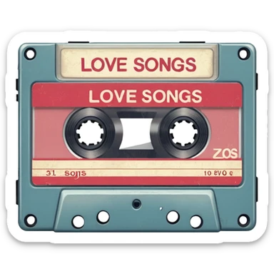 Isolated, rendering, vintage style music cassette tape, vintage appearance white label that reads "love songs" on front sticker