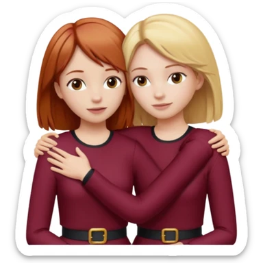 two girls who hug eachother. one has auburn hair with blonde highlights and very pale skin and is wearing white outfit, other has medium-fair skin and blonde hair and is wearing a burgundy outfit sticker