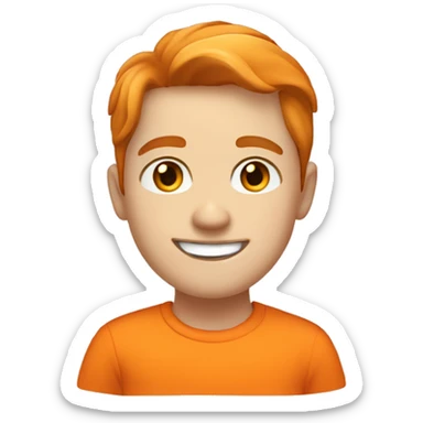 a young white person with light skin, orange-brown hair, blue eyes, and noticeable acne is wearing an orange shirt and smiling slightly sticker