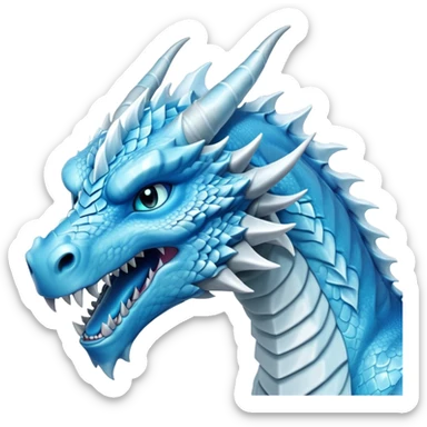 Cinematic Noble Fierce Ice Dragon Portrait Emoji, Poised and imposing, with a muscular, long elegant snout, scaled body shimmering in glacial hues of icy blue, frostbitten silver, and crystalline white, breathing out frost, with piercing, glowing eyes that radiate the chilling depths of an arctic storm; rendered in detail. sticker