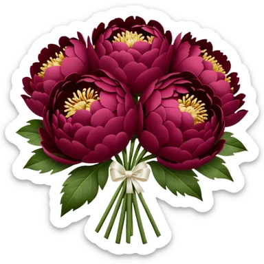 Big bouquet of burgundy peonies with a white satin ribbon sticker