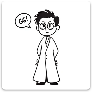 chibi Aizen, Bleach, big head, tiny body, sly smile, 'GG' in a speech bubble, white robe, brown slicked-back hair, glasses, hands behind back, cute and playful chibi style sticker