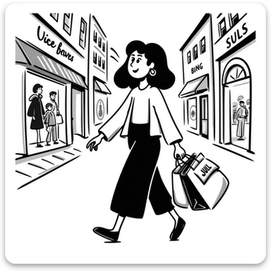 A young woman with a shopping bag, in a city street, vibrant colors, detailed background, shopping festival, niche brands, aesthetic lifestyle sticker