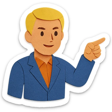 Confident male leader, Caucasian, short neat blonde hair, sharp eyes, indigo jacket, one arm raised gicing direction, waist-up, front-facing sticker