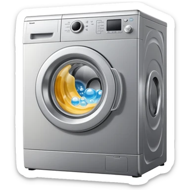 washing machine with door open and bubbles sticker