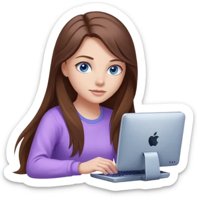beautiful girl with long brown hair, blue eyes and wearing light purple clothes playing pc games sticker