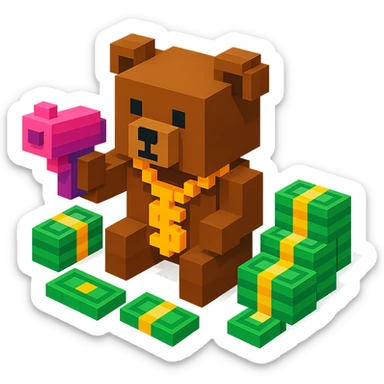 brown Russian grizzly bear with a rapper chain and a money gun, surrounded by stacks of money sticker
