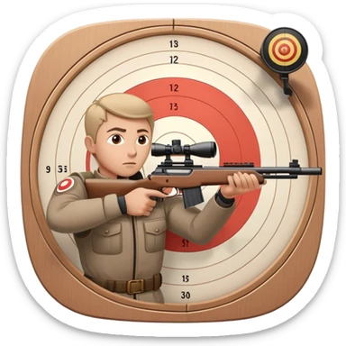 A focused marksman aiming at a target with a rifle, displaying perfect form and concentration. The background includes a target board with concentric rings, emphasizing accuracy and precision in a competitive shooting environment sticker