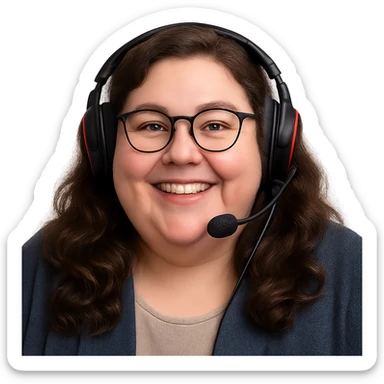 chubby English teacher with long wavy brown hair, cheerful, glasses, gamer, only face sticker