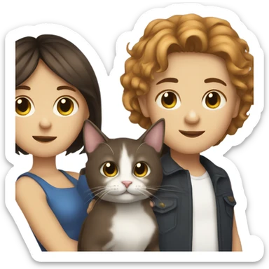 Brunette girl and boy with their cat sticker