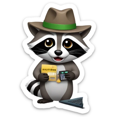Raccoon with hat and computer and a ad with the sentence "Actividades Registradas" sticker