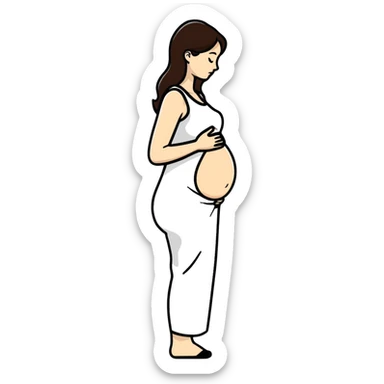 happy pregnant woman in second trimester, showing baby bump sticker