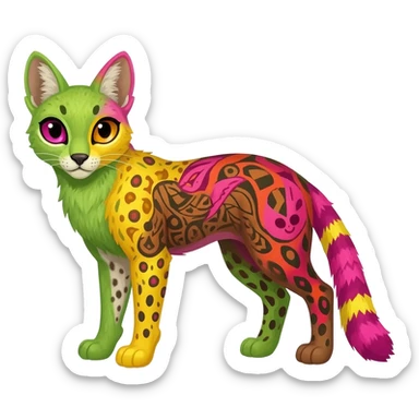 Colorful cute adorable tropical exotic fruity kiwi-green lemony rosy neon-red Caracal-Cheetah-Civet-Trico-fusion-hybrid-animal-creature, full body, with tribal tattoos sticker