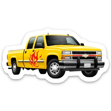 1997 yellow Chevy C-2500 Crew Cab with red flame design only painted on the front bumper, movie-accurate Kill Bill truck detail, 30-degree view, iOS emoji style sticker