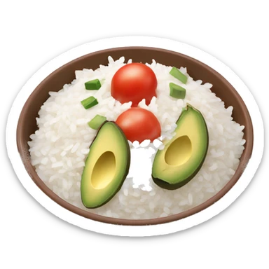 a big bowl with the same amount of white rice, tomatoes, green sliced paprika, sliced avocado and pink joghurt sticker