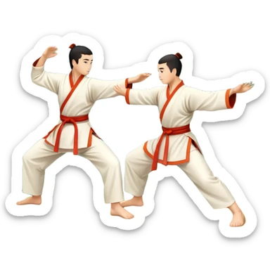 Two martial artists in traditional Wushu attire, performing elegant, fluid moves. The background shows a peaceful, scenic landscape with mountains and bamboo trees, symbolizing the balance of power and grace in Wushu.  sticker