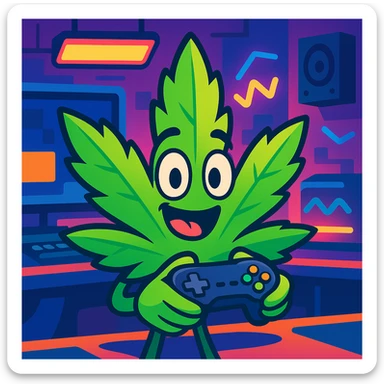cartoon marijuana leaf with a playful face holding a video game controller in a vibrant streaming setup sticker