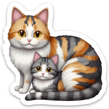 full body colourful light patched calico + white tabby cat cuddling a large dark grey and white tabby cat  sticker
