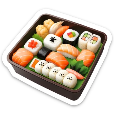 cheerful bento box with sushi, onigiri, and tempura, captioned, “Oishii Time!” sticker
